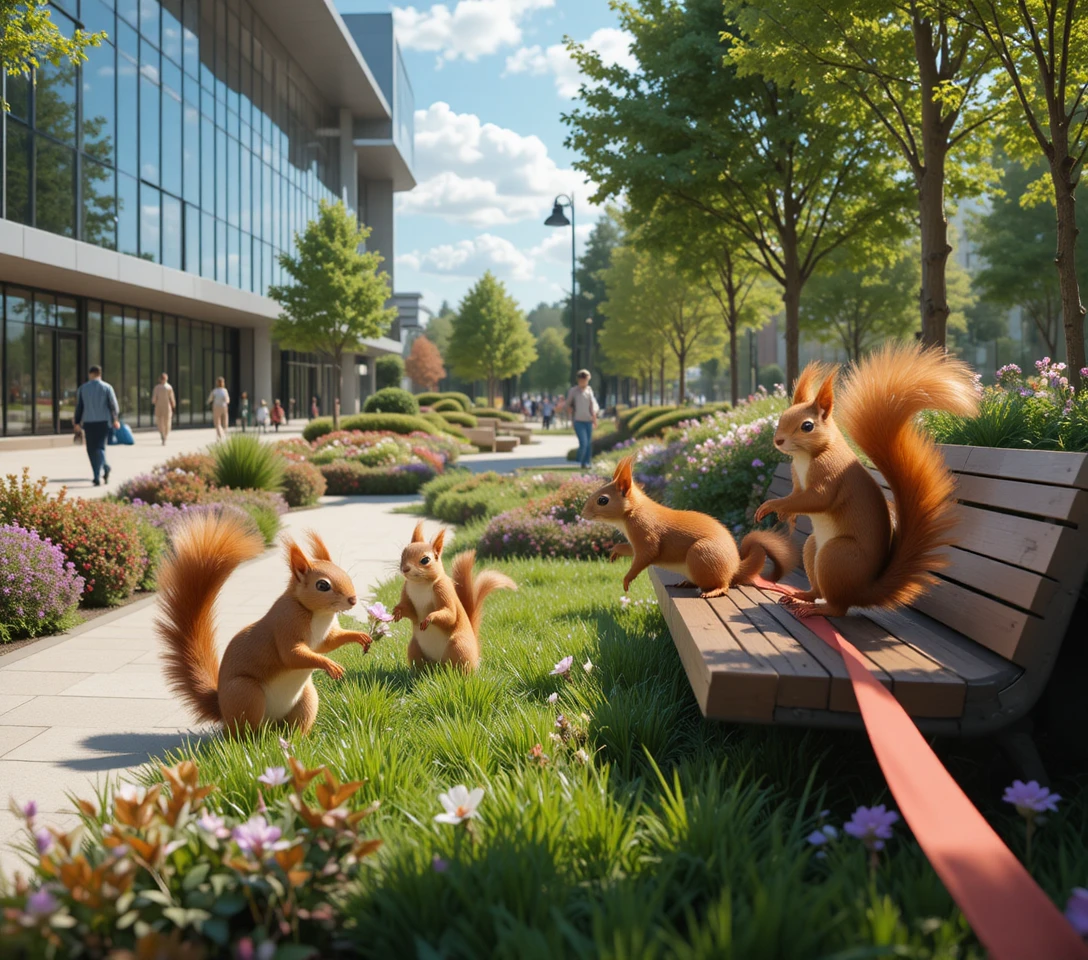 Lively red squirrels exploring benches in a sunlit urban park