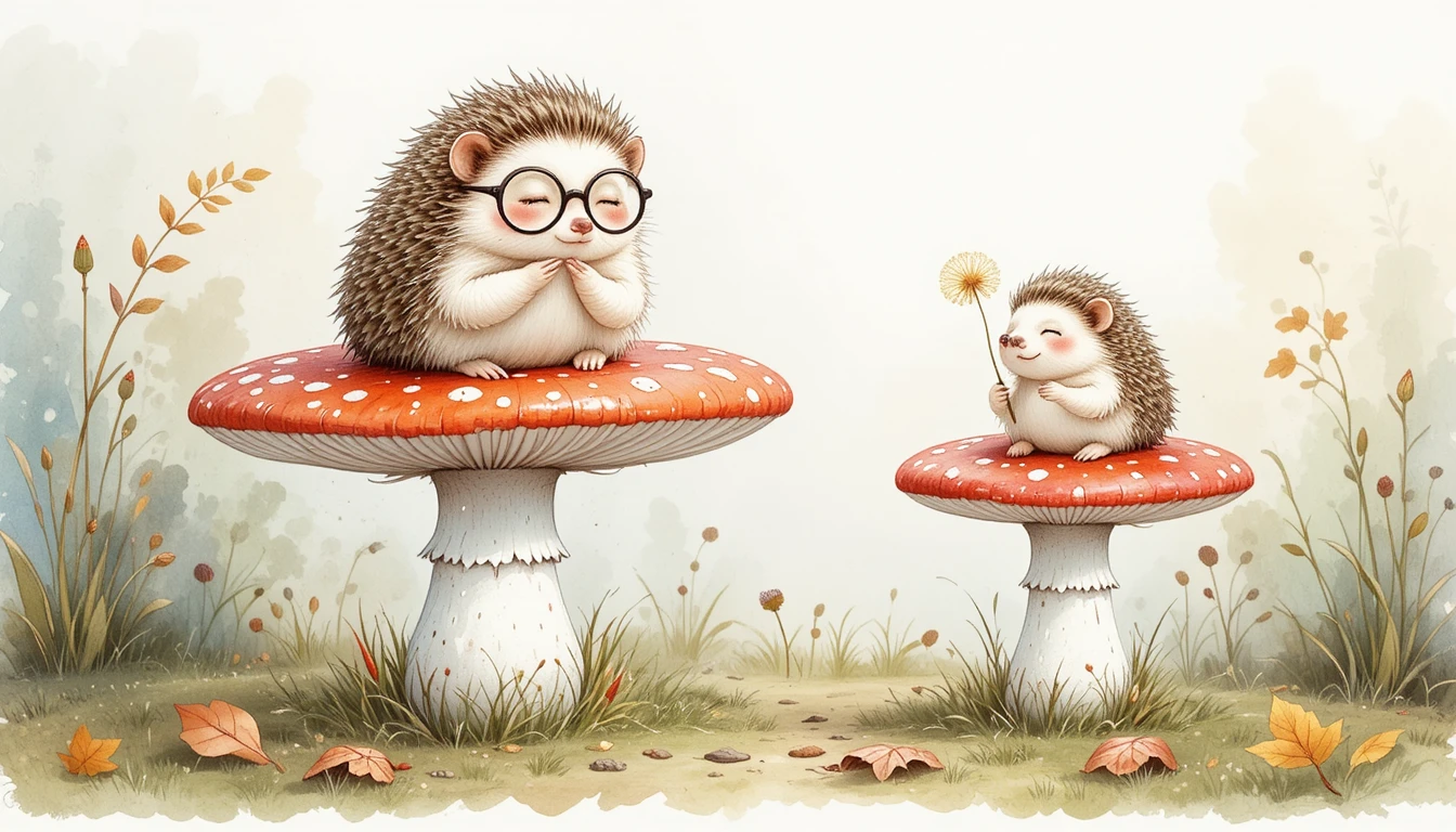 Two hedgehogs resting on fly agaric mushrooms in watercolor