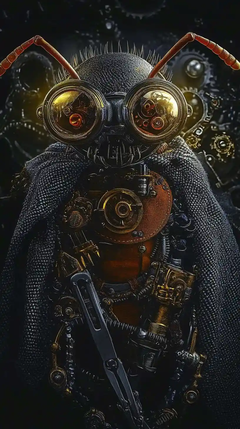 Steampunk ant with goggles and tools standing resolute