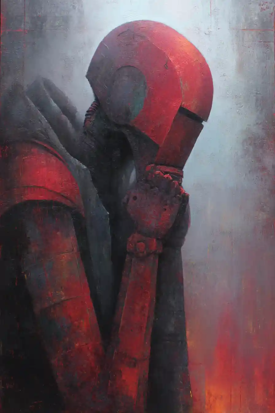 Solitary robot in a dark oil painting with deep shadows