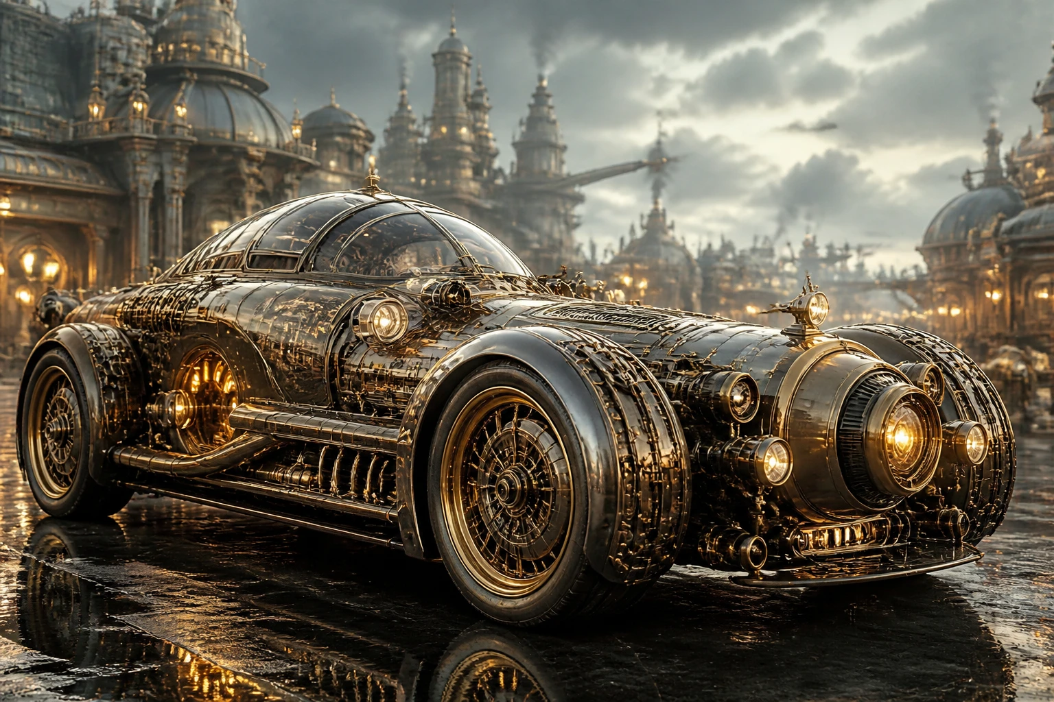 Retrofuturistic car blending futuristic and steampunk design
