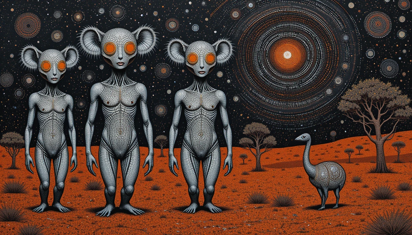 Silver alien figures standing in a farmyard at night