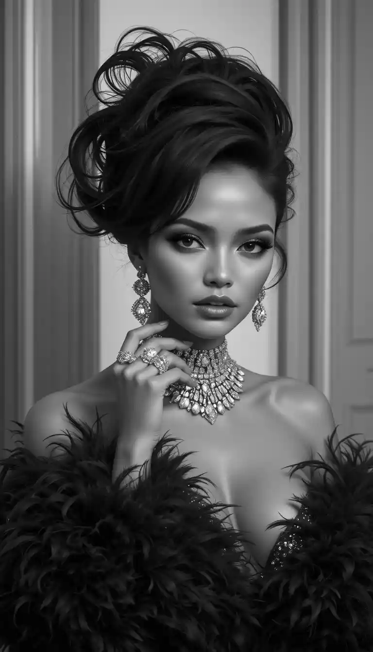 Elegant woman in black feather stole and diamond jewelry