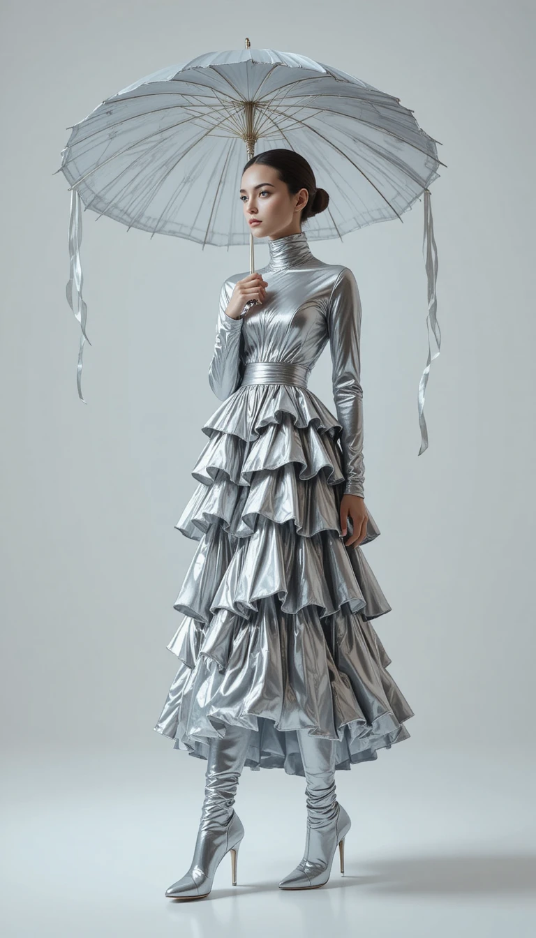 Futuristic woman in silver ruffled dress with umbrella