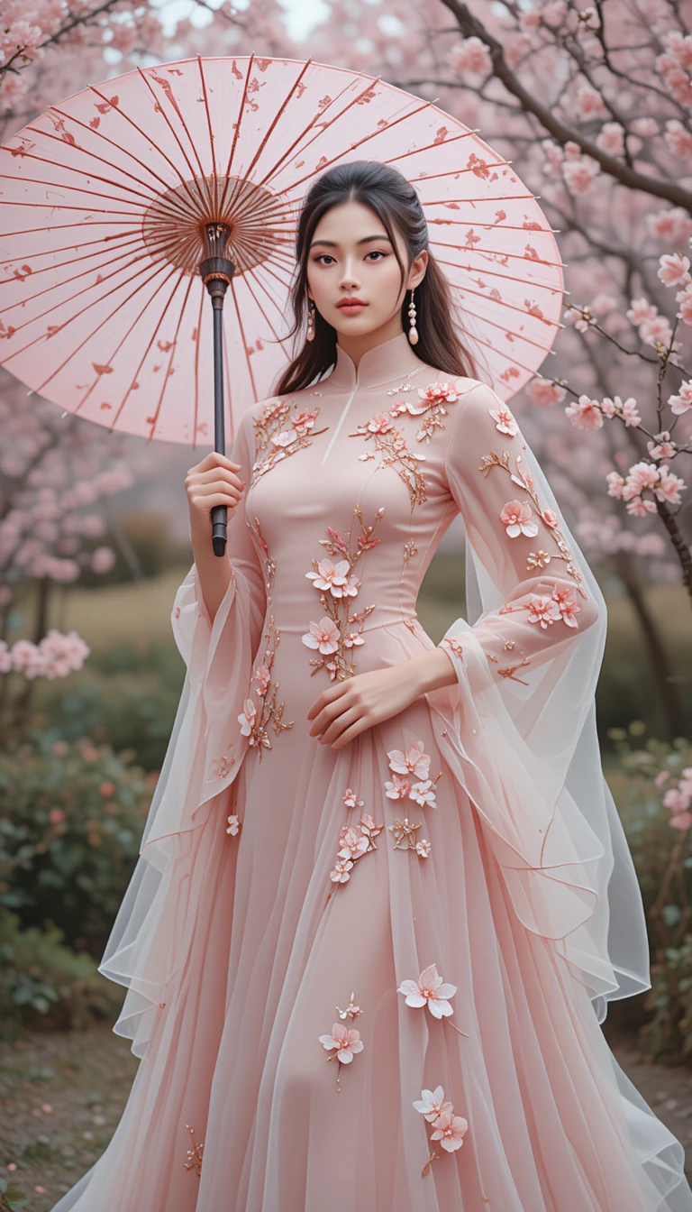 Elegant woman in couture gown under cherry blossom umbrella