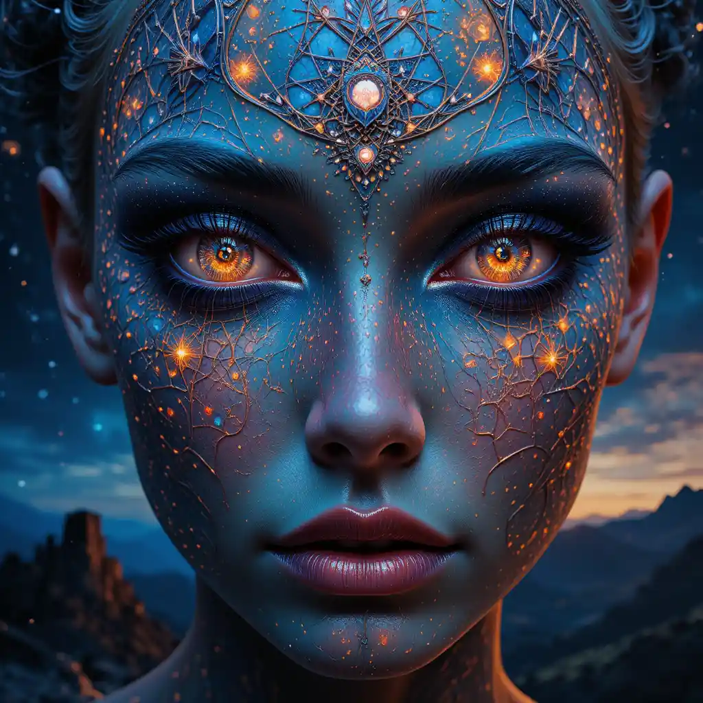 Close up cosmic deity face with glowing geometric patterns