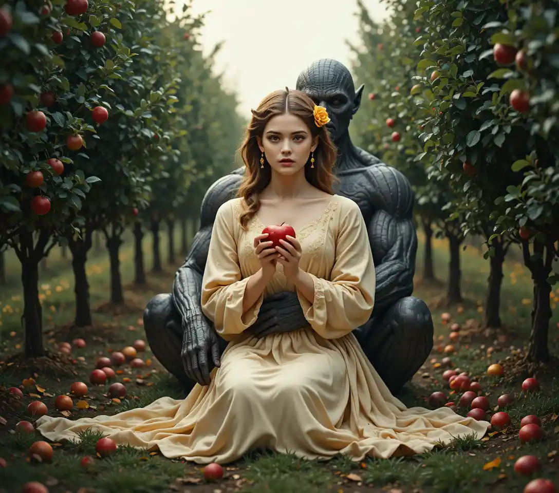 Young woman with red apple and demon in orchard