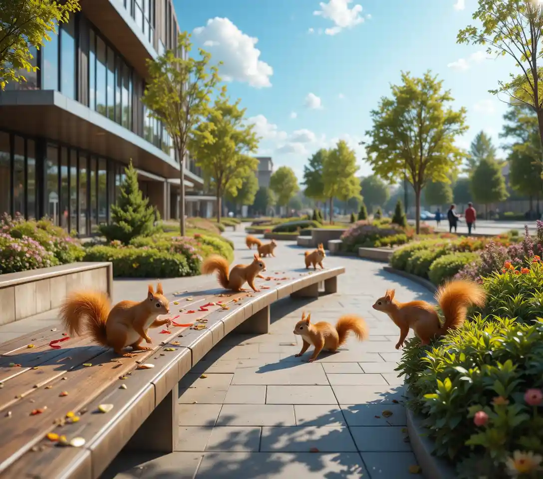 Lively red squirrels playing around benches in a city park