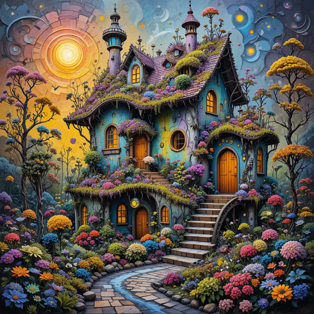 Crooked fantasy house with melting walls and wildflower roof