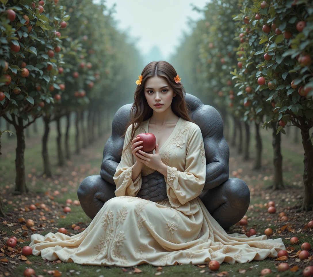 Woman in cream ball gown with demon in apple orchard
