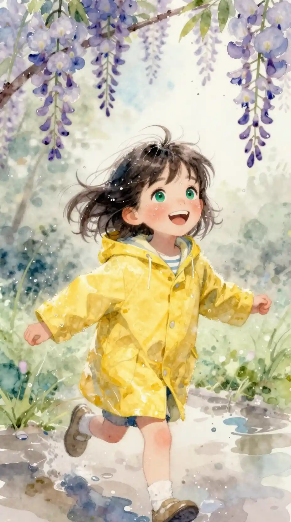Lachendes Mädchen im gelben Regenmantel im Aquarellregen