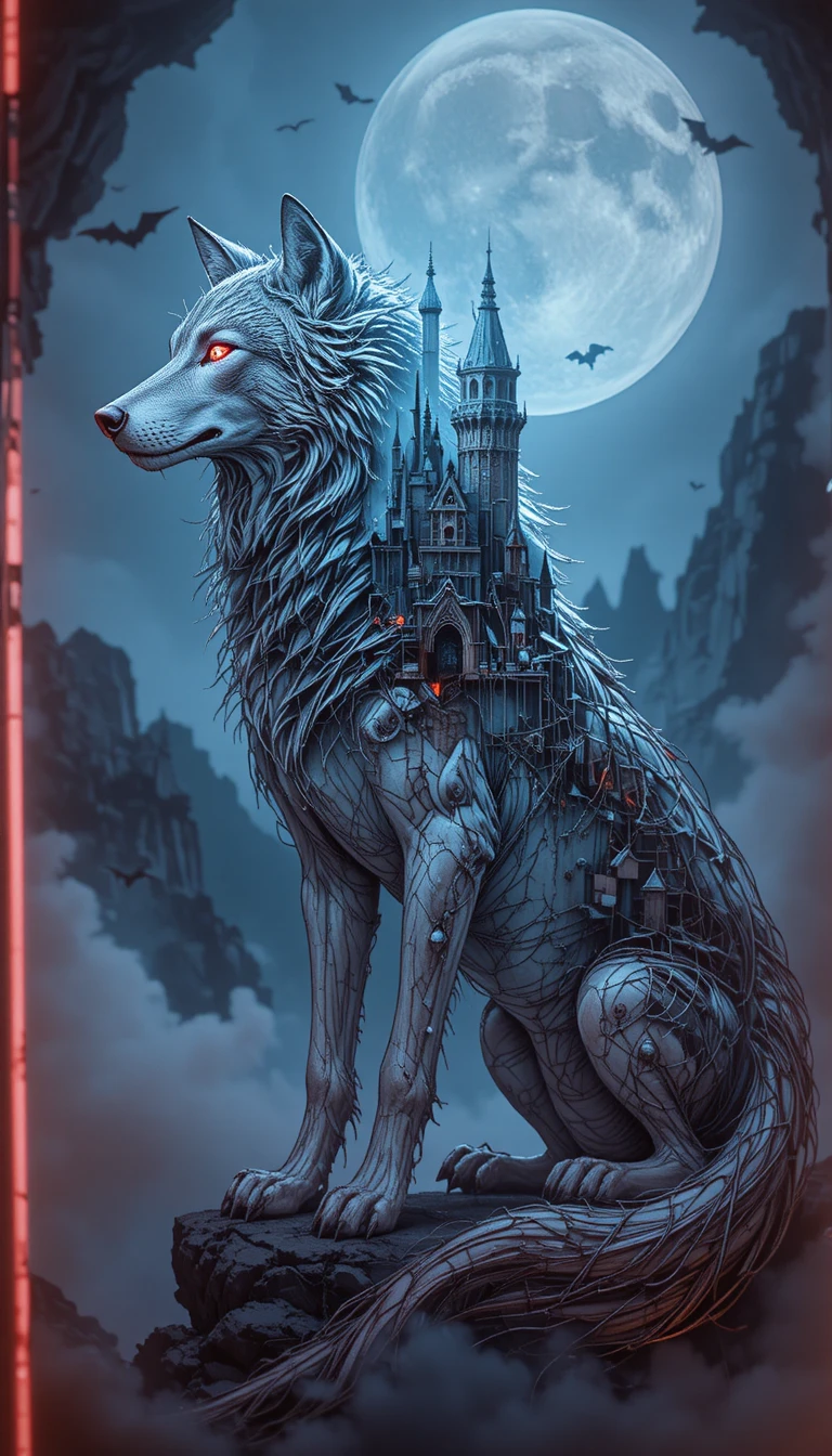 Mystical wolf sketch with castle and moonlit sky inside