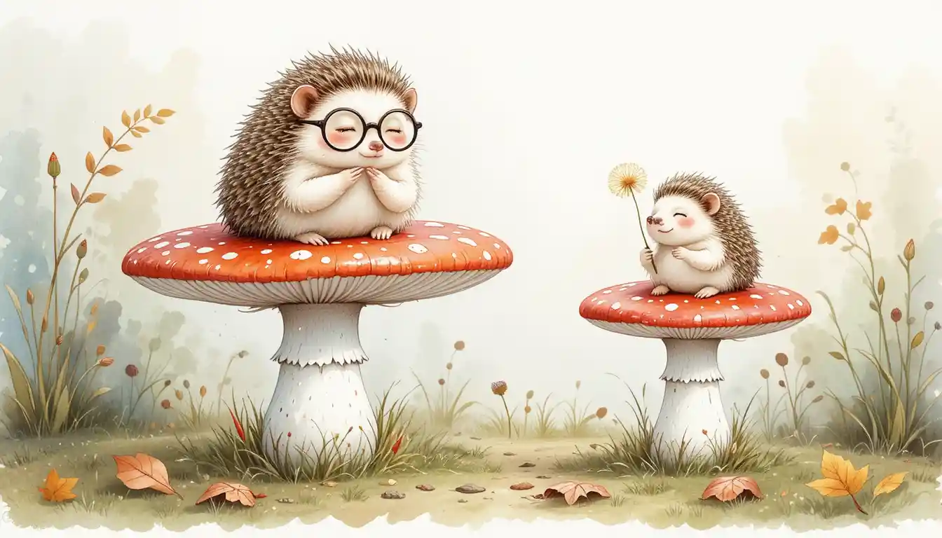 Two hedgehogs resting on fly agaric mushrooms in watercolor