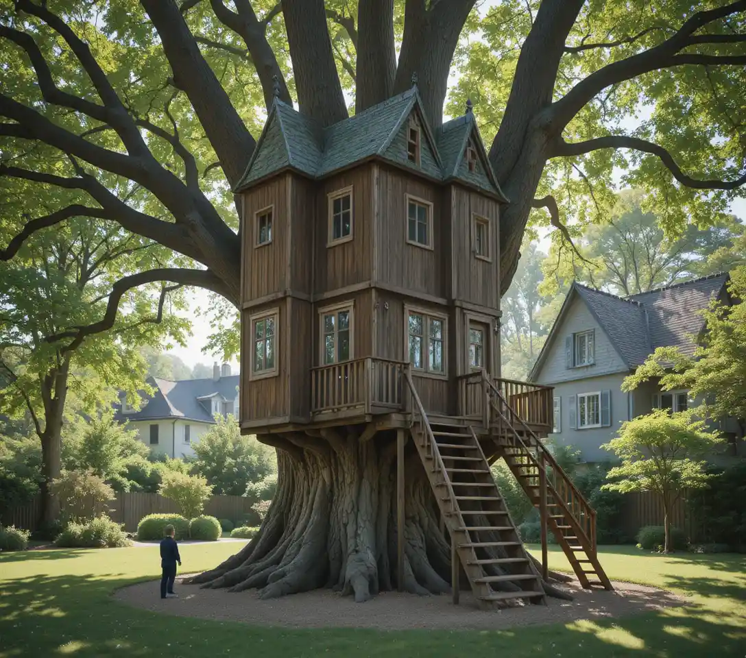 Wooden treehouse with towers in a sunny backyard garden