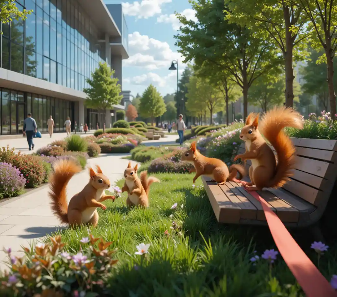 Lively red squirrels exploring benches in a sunlit urban park