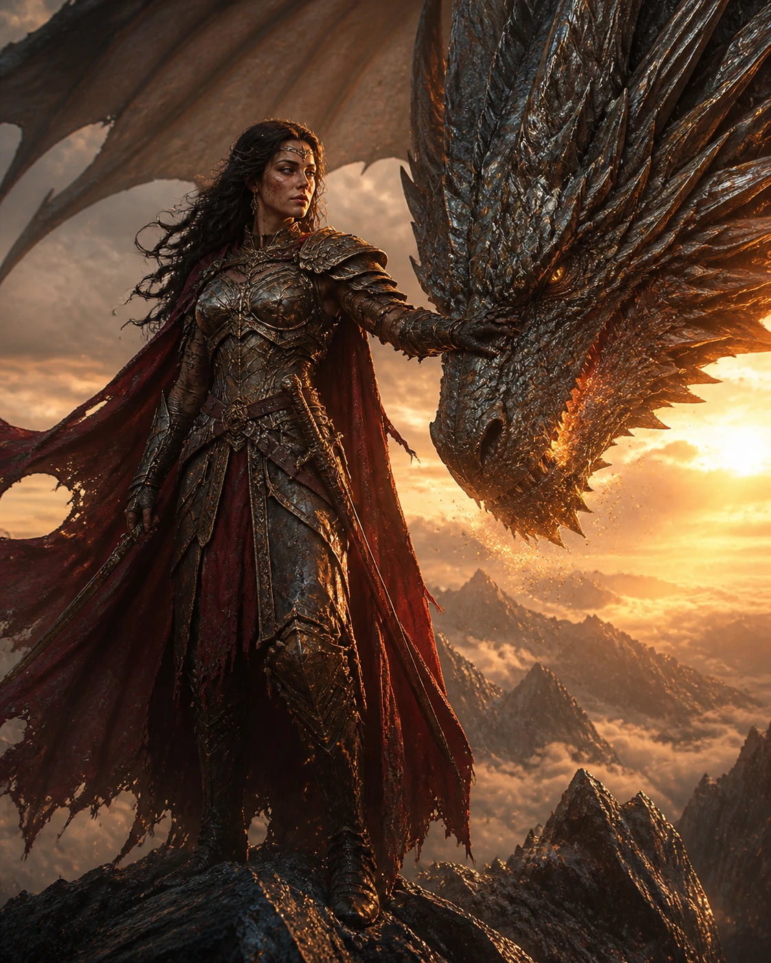 Regal warrior woman commanding an elder dragon at sunset