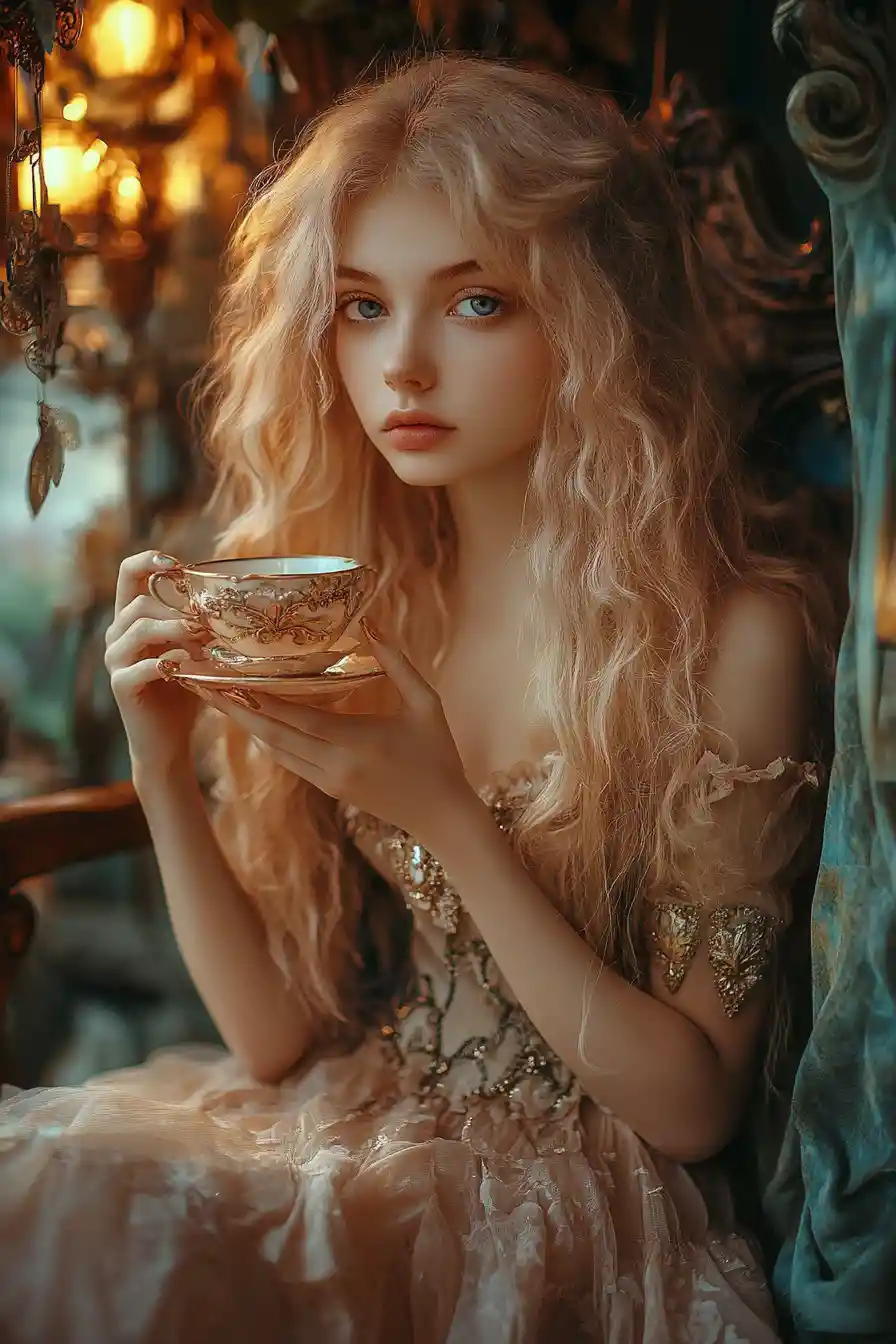 Cute whimsical fairy sitting at metallic pastel teatime