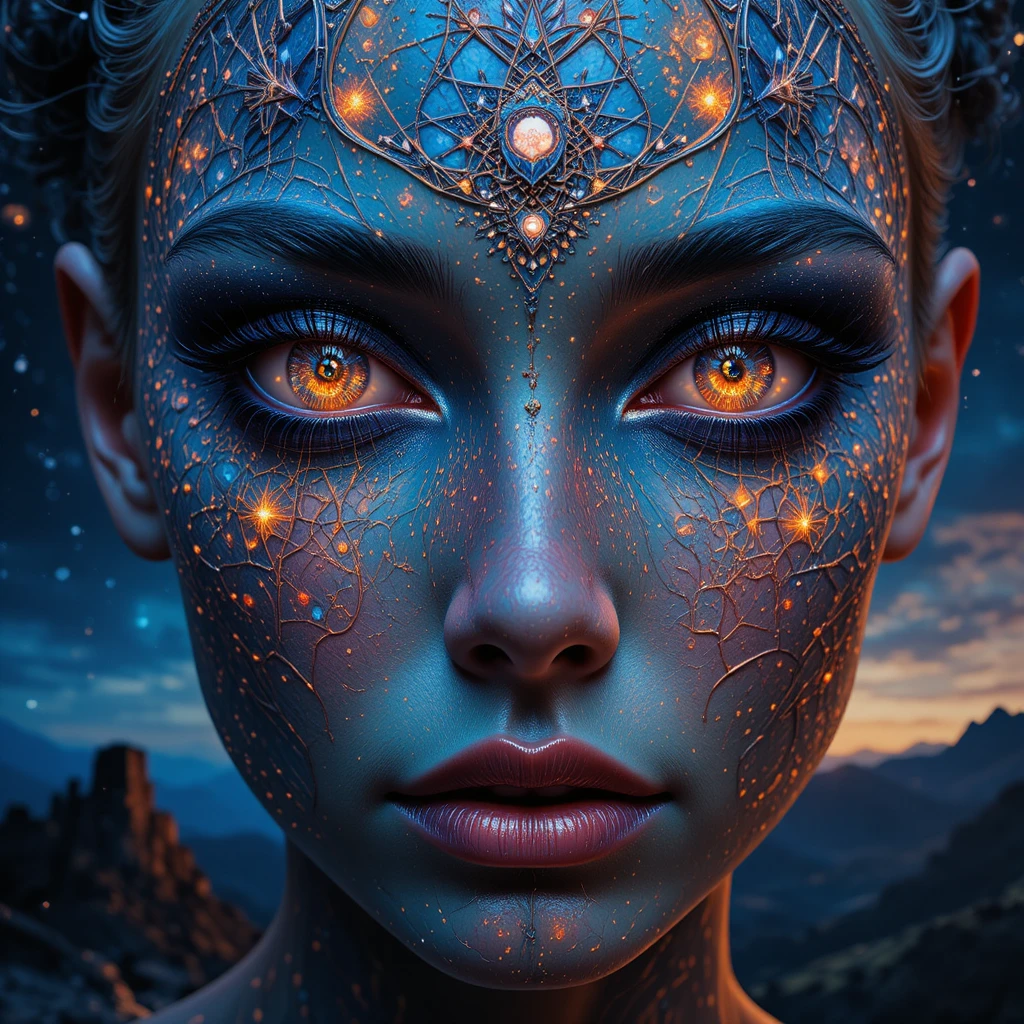 Close up cosmic deity face with glowing geometric patterns