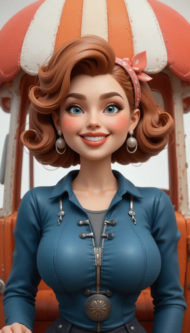 Curvy redhead woman by orange van bar tabac stand