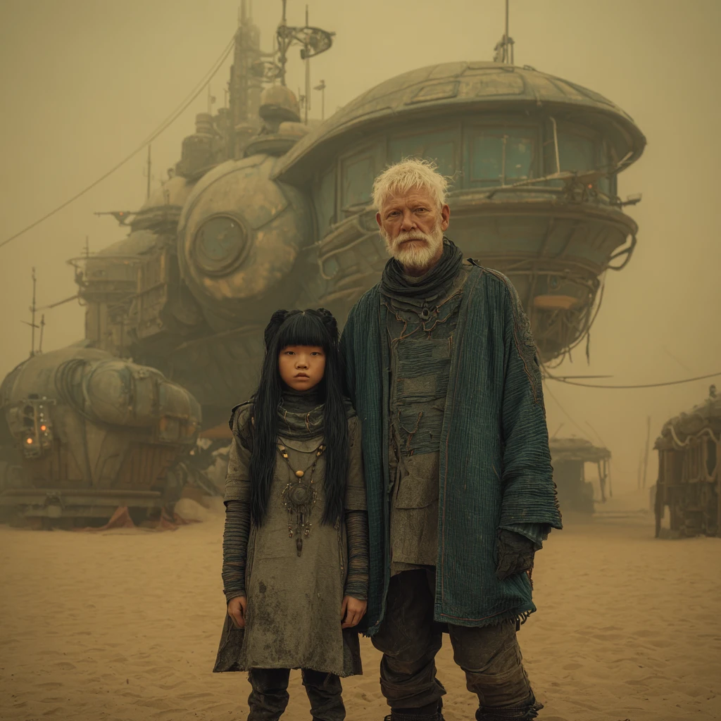 Asian girl and granddad in a futuristic dune shelter