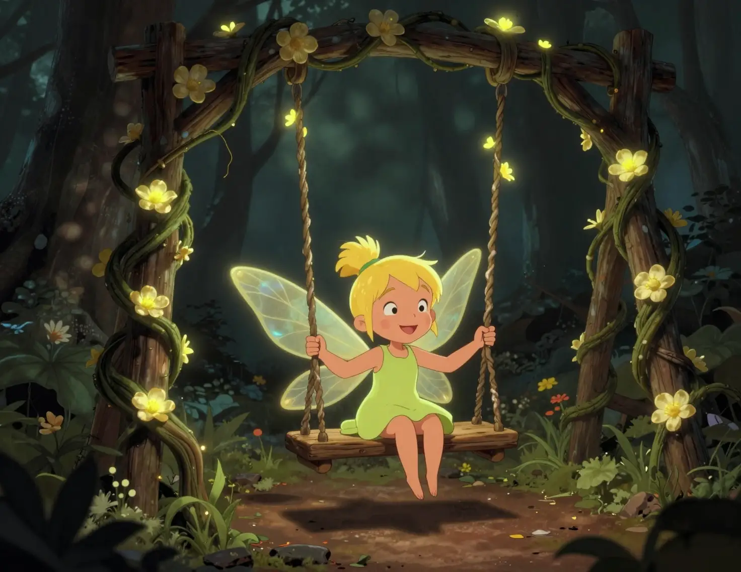 Smiling fairy girl on a vine swing in glowing forest