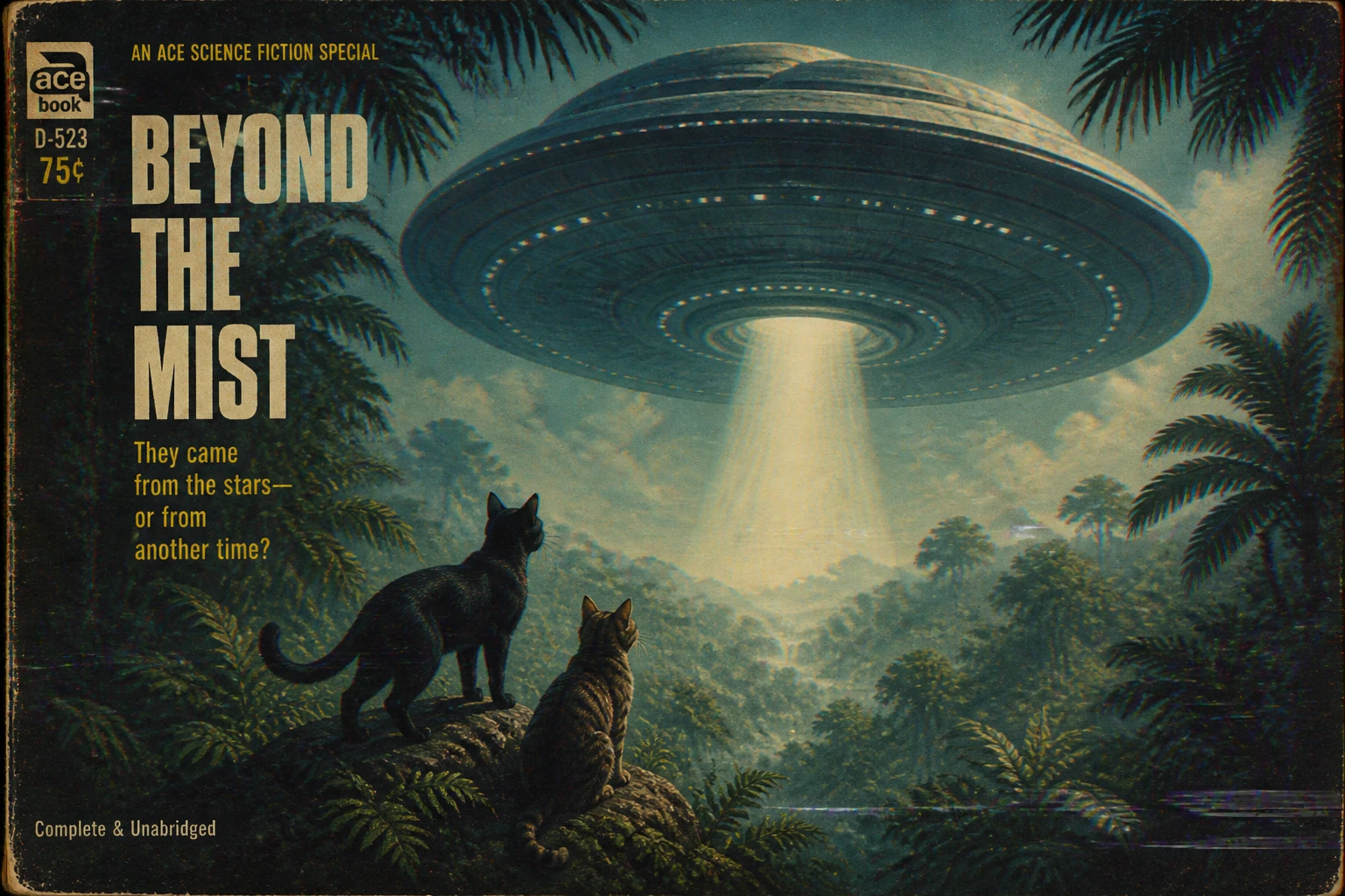 Cats watch a hovering ufo above a misty jungle