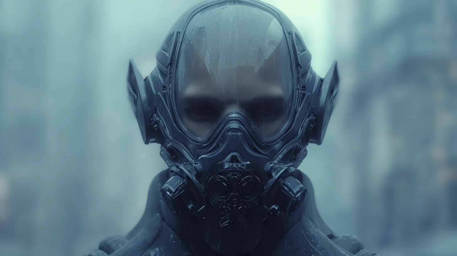 Ominous sci fi warrior commander in cold rainy fog