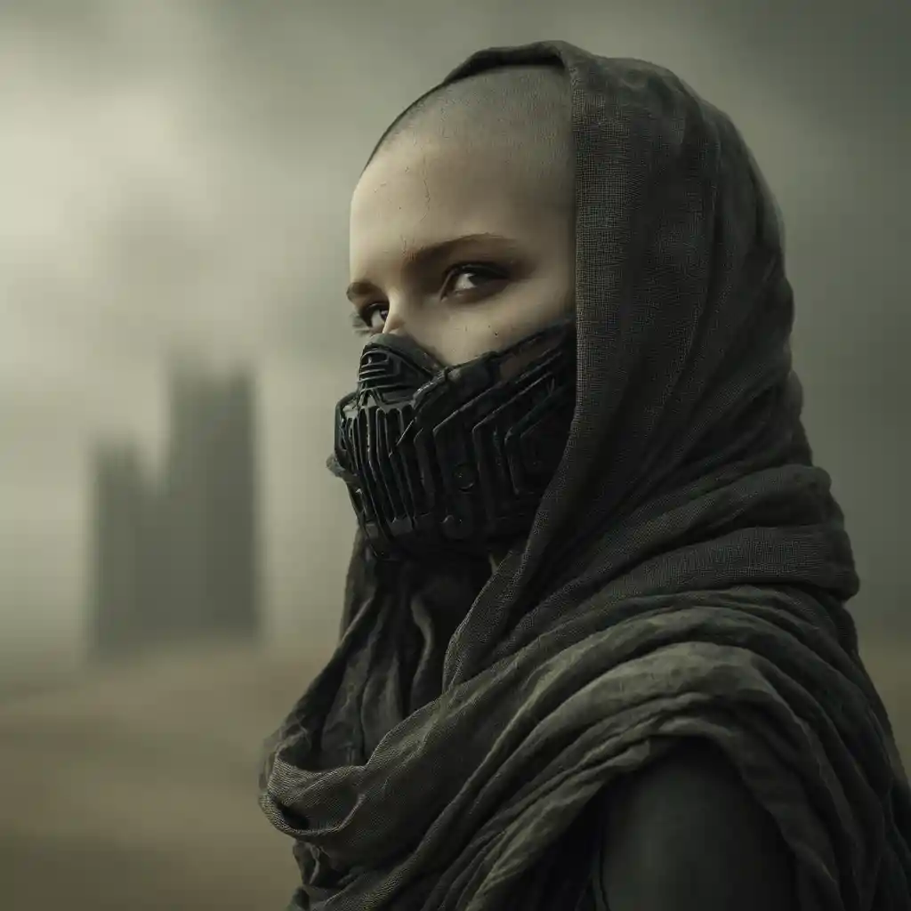 Cyborg figure in a dark futuristic desert shelter