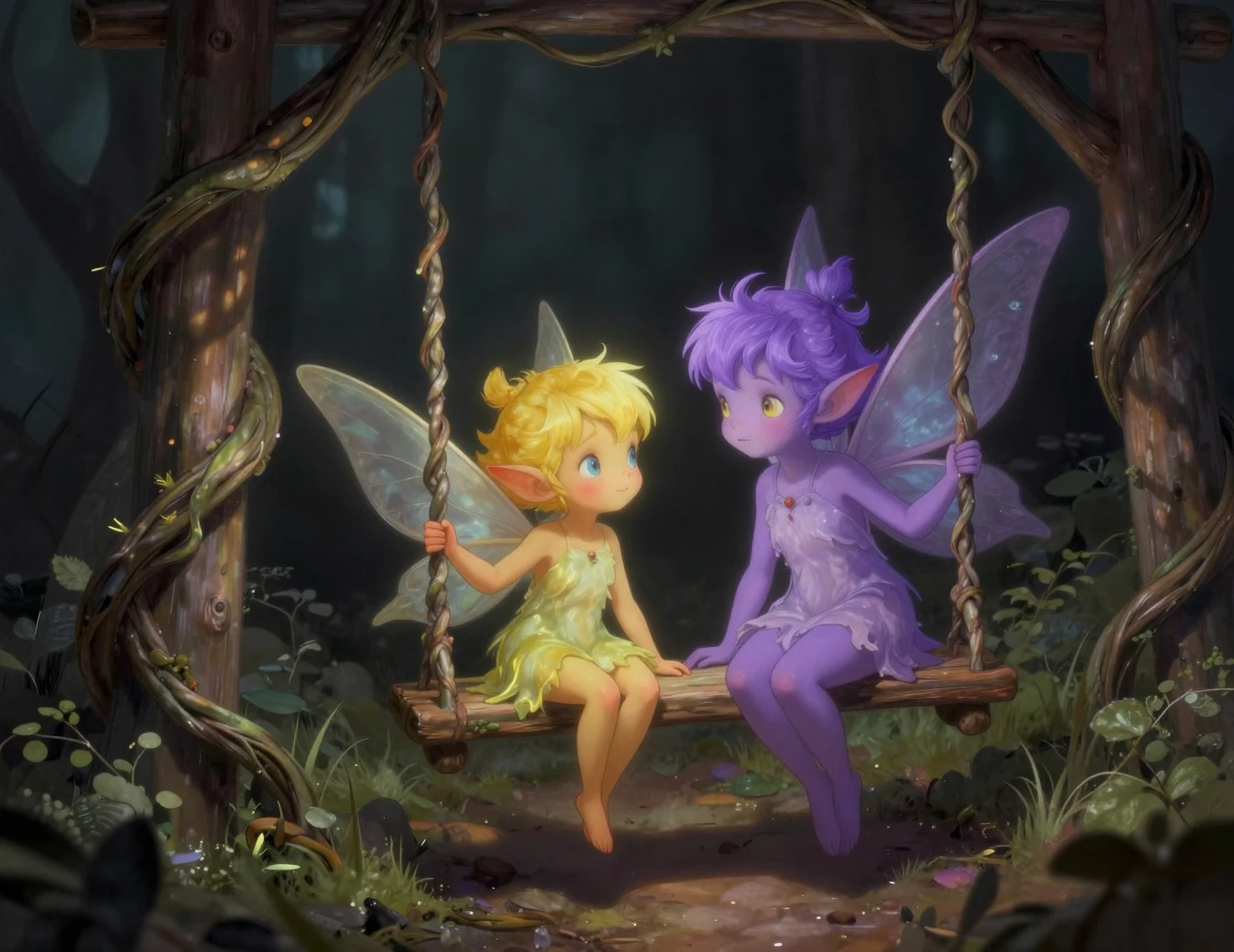 Two glowing pixies on a vine swing in moody noir forest
