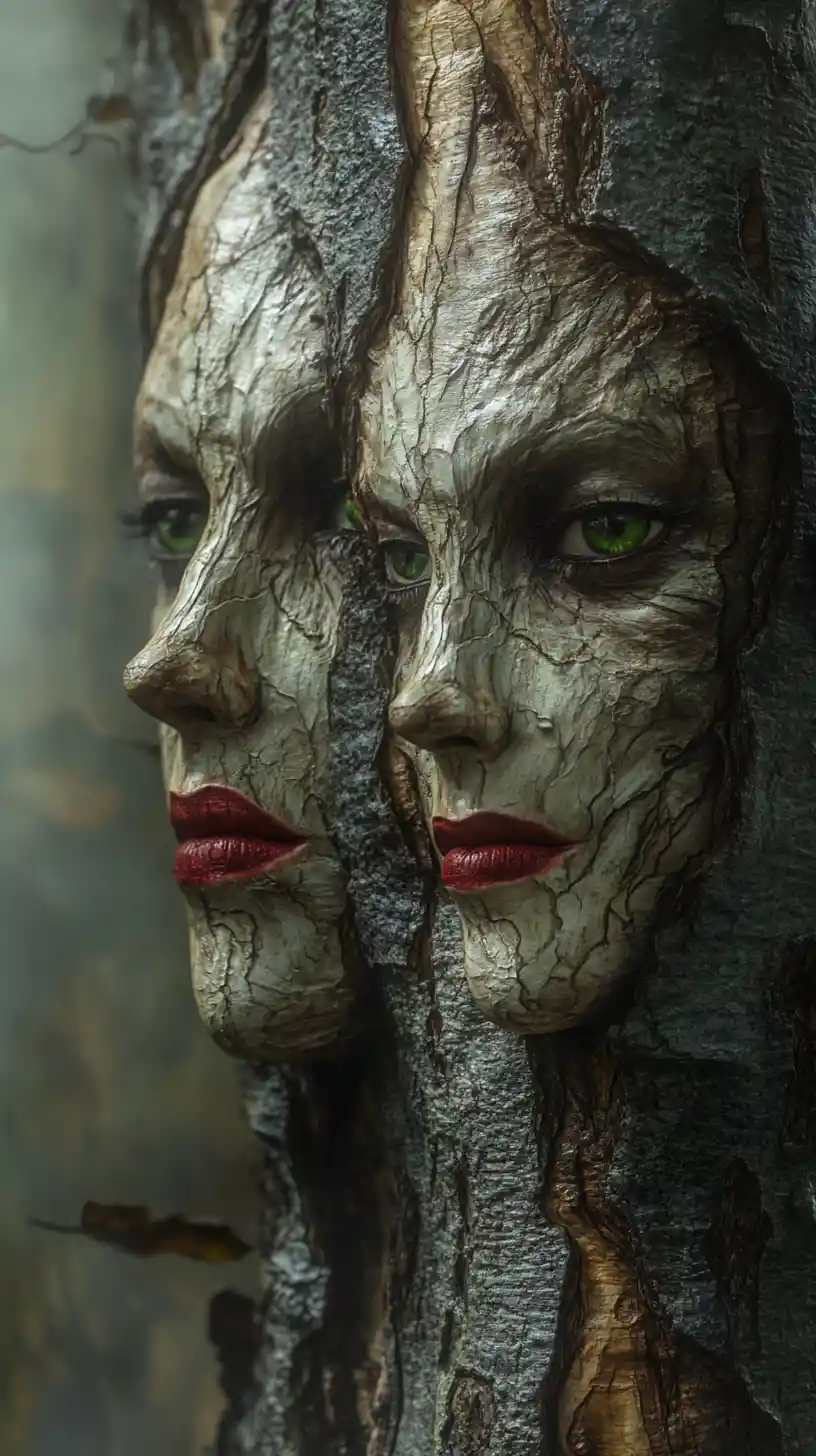 Anthropomorphic birch trees with feminine faces in misty forest