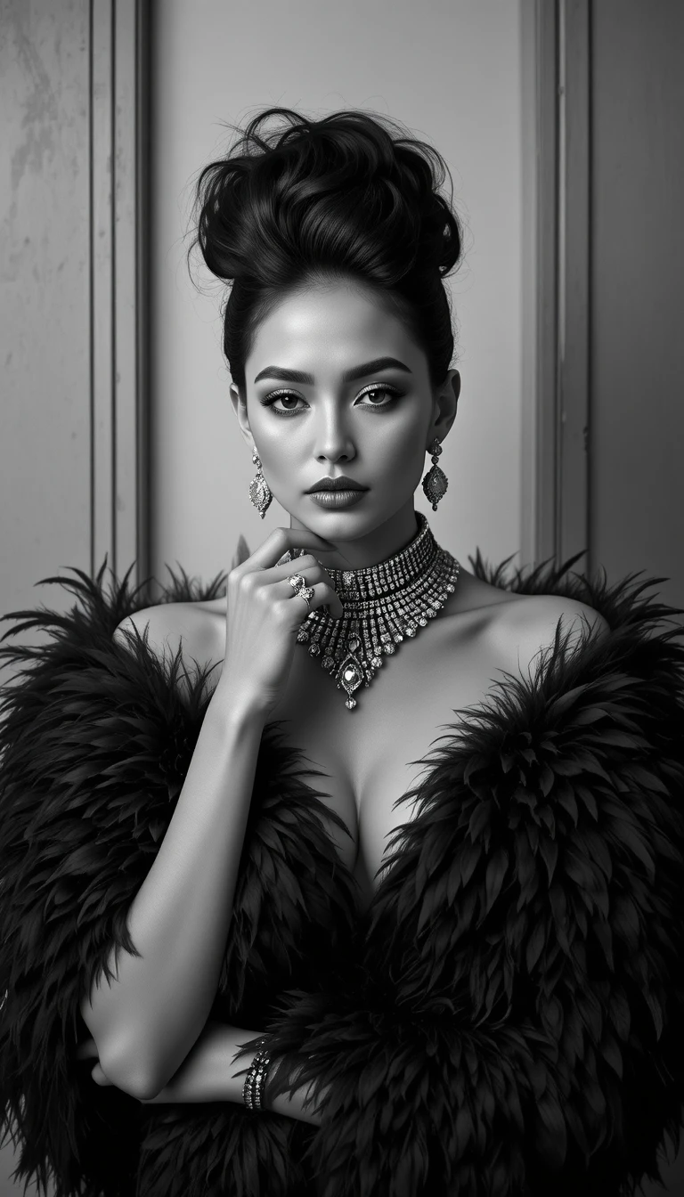Elegant woman in black feather stole and diamond jewelry