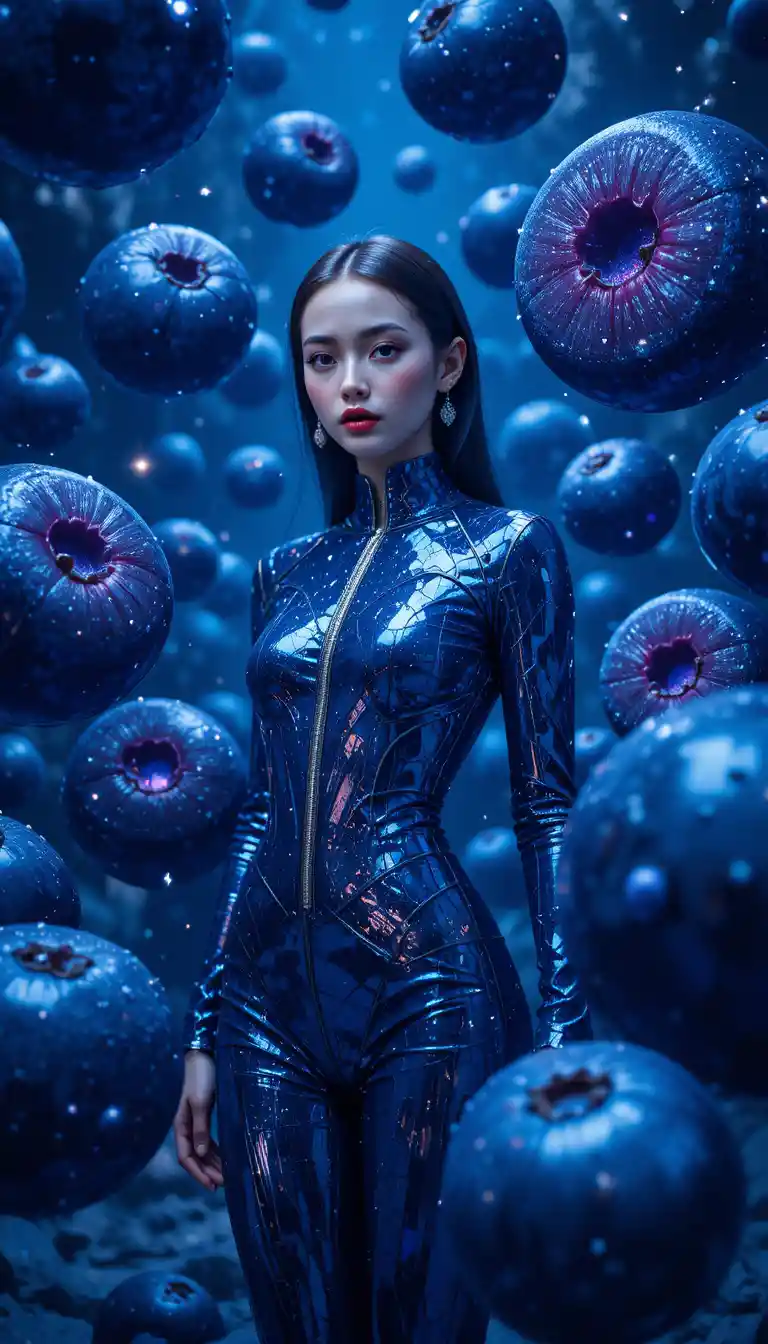 Surreal fashion woman with floating blueberries in blue space