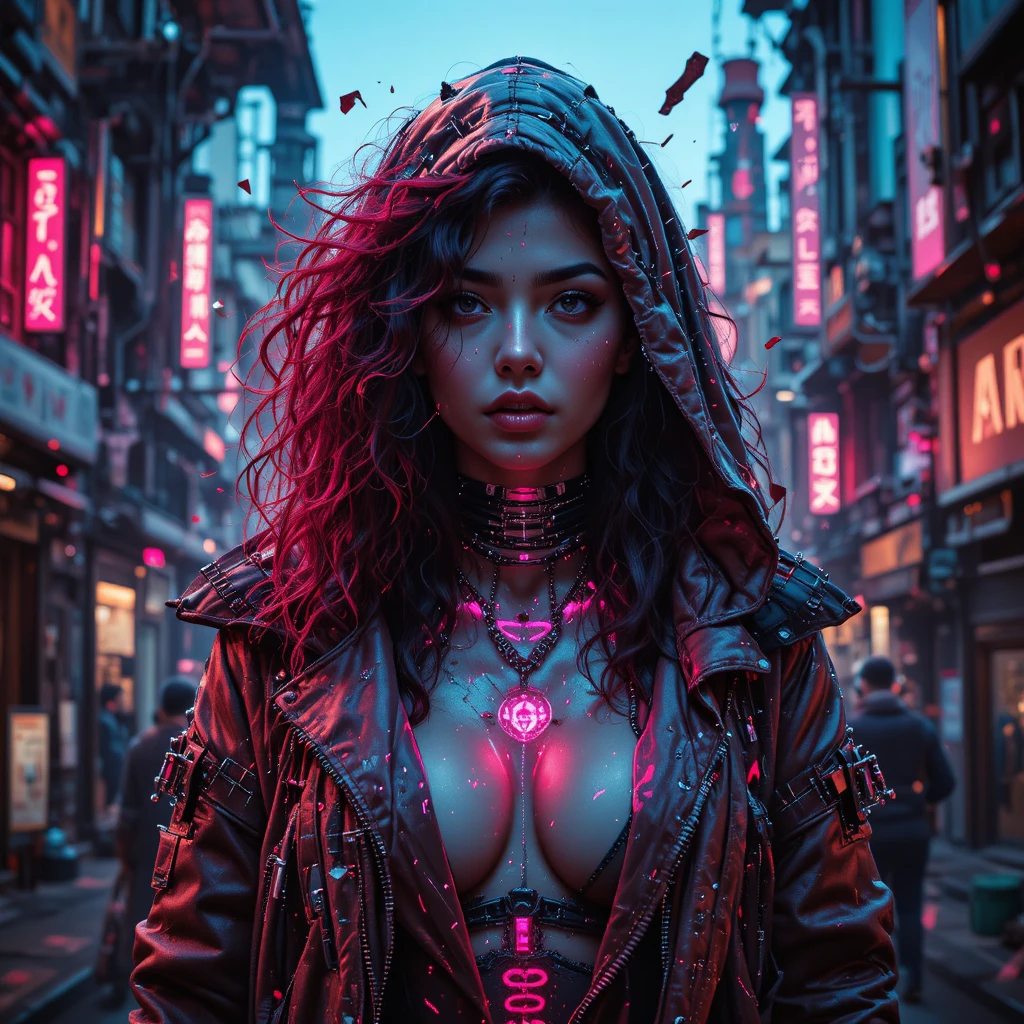 Cybernetic femme fatale portrait in neon glitch close up