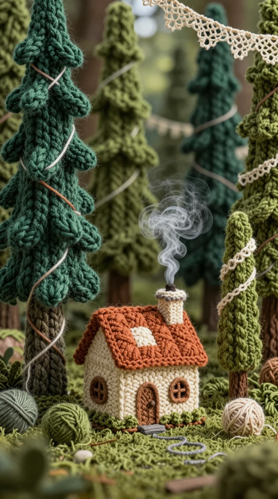 Cozy Knitted Forest Cottage In A Sunlit Yarn Clearing
