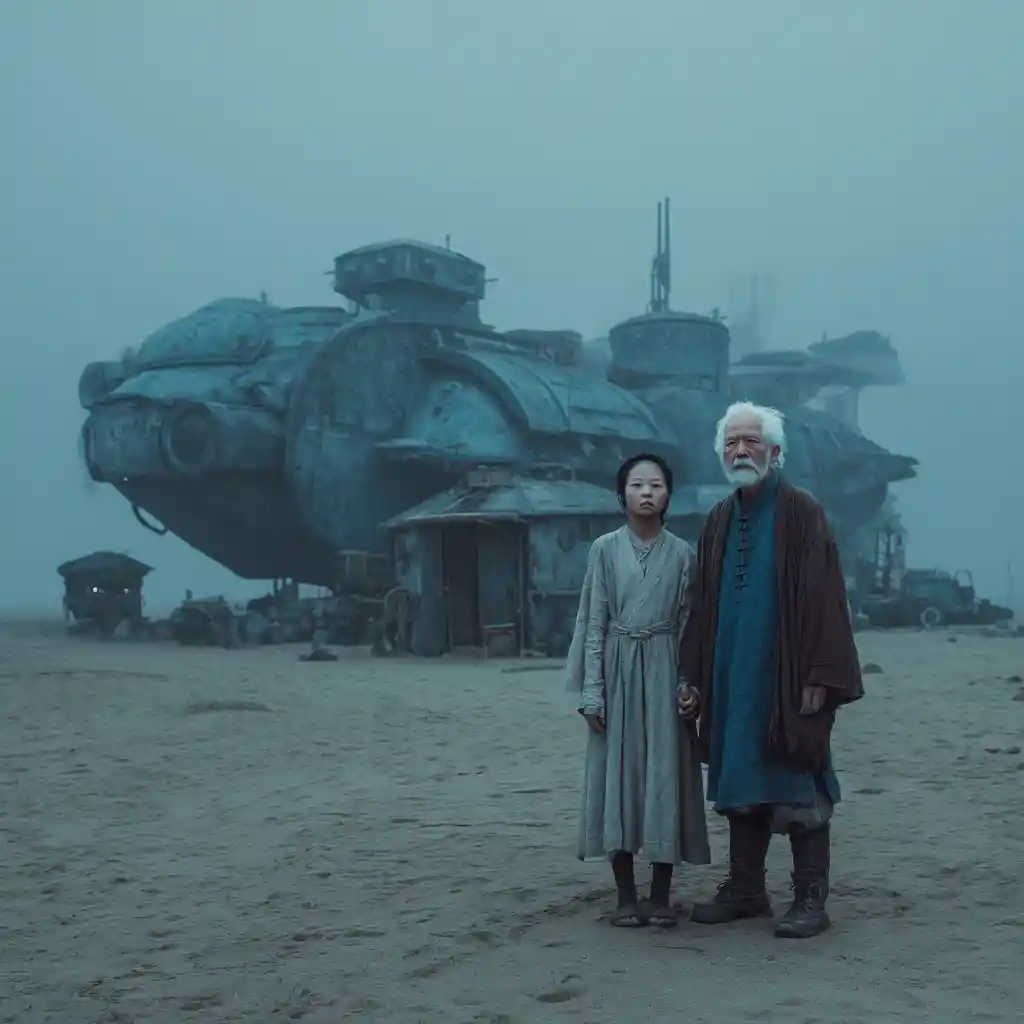 Ragazza asiatica e nonno in un rifugio futuristico tra le dune