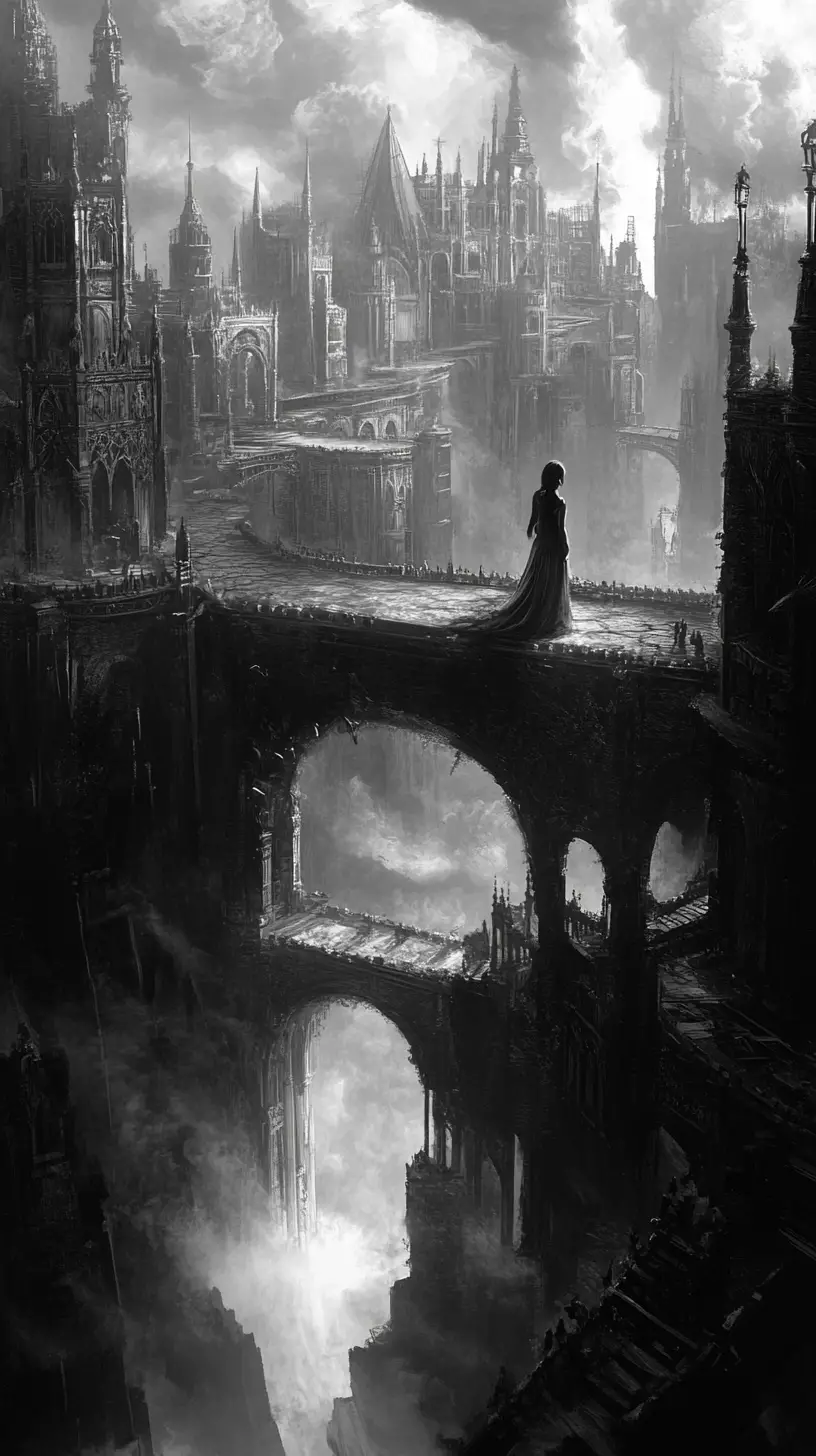 Mystical woman merged with a gothic city of the mind