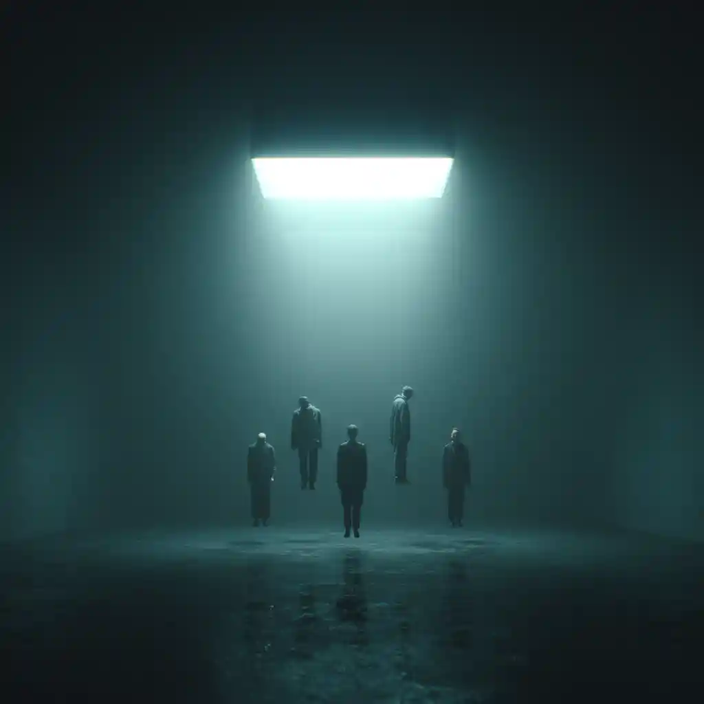 Glowing object suspending five people in a dark empty room