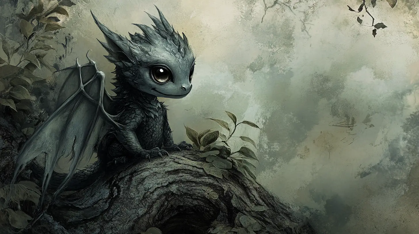 Whimsical gothic baby dragon in a dreamy forest scene