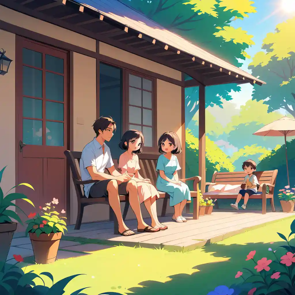 Happy family sitting together in a sunny house garden