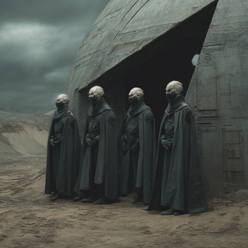 Cyborg figure in a cinematic futuristic desert shelter