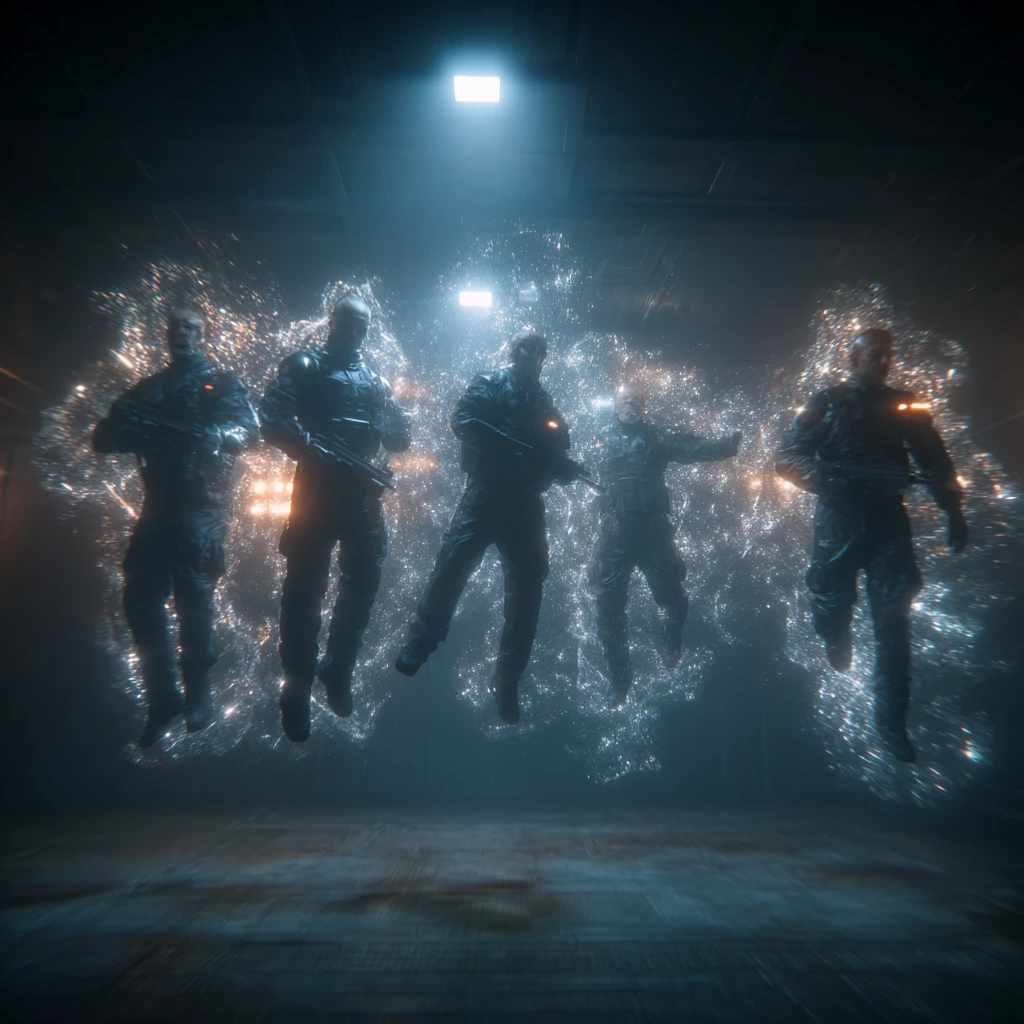 Sci fi marines posing before holographic battle interface