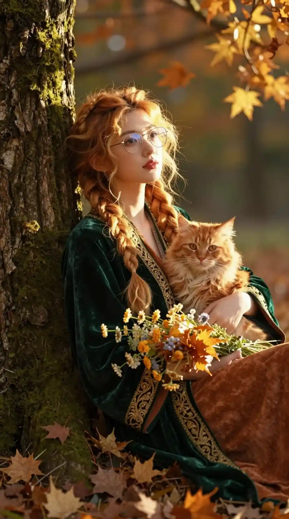 Goddess like woman with ginger cat in autumn forest