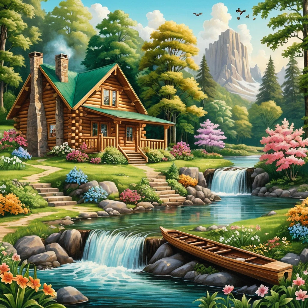 Cozy riverside log cabin with waterfall and summer forest