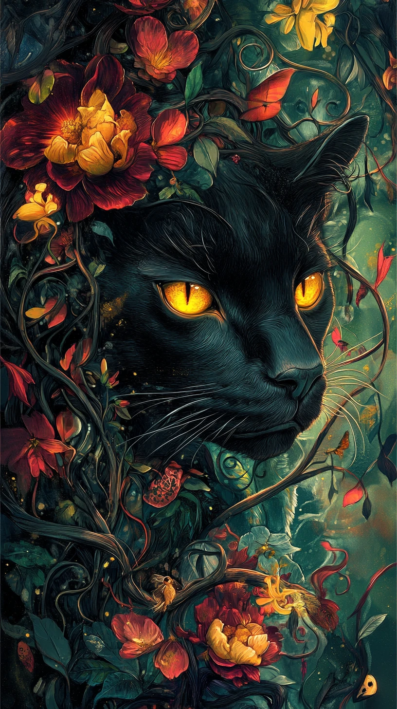 Surreal portrait of woman with black panther and flowers