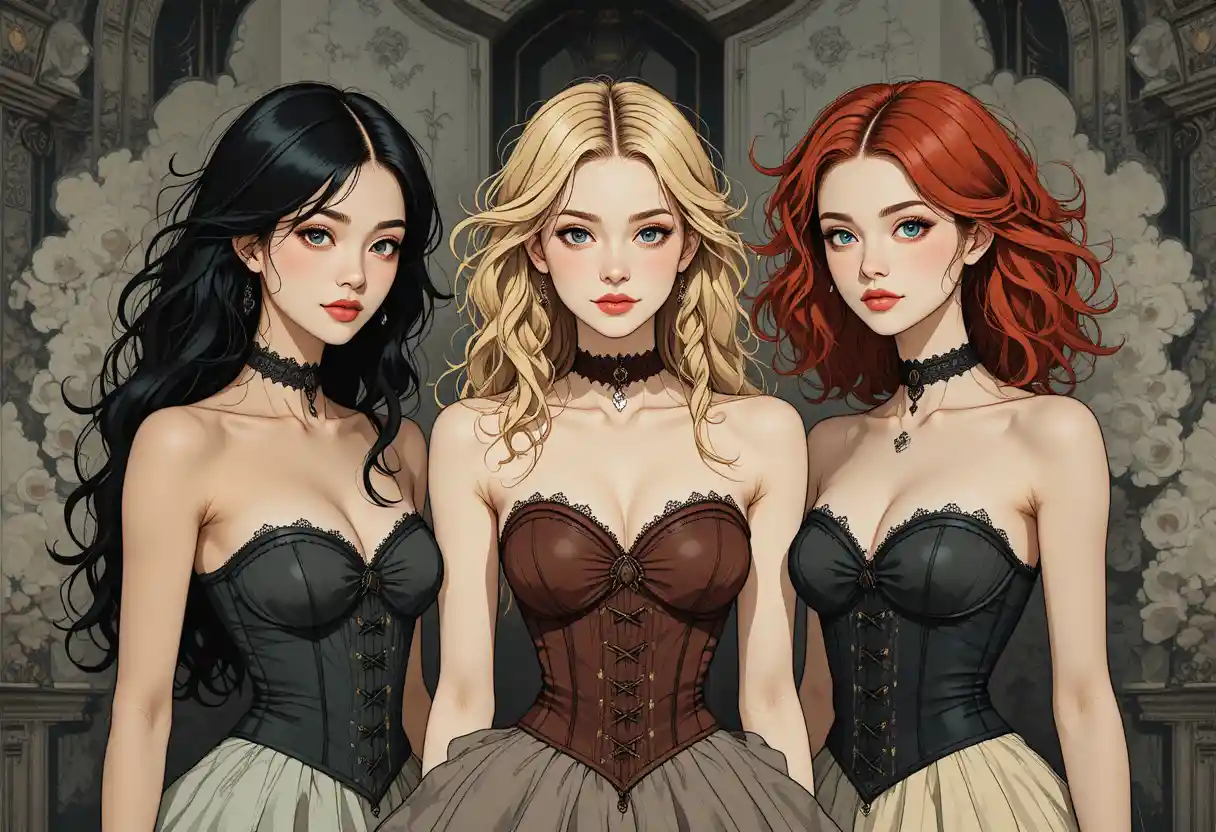 Abstract cubist trio of young women in dark fantasy scene