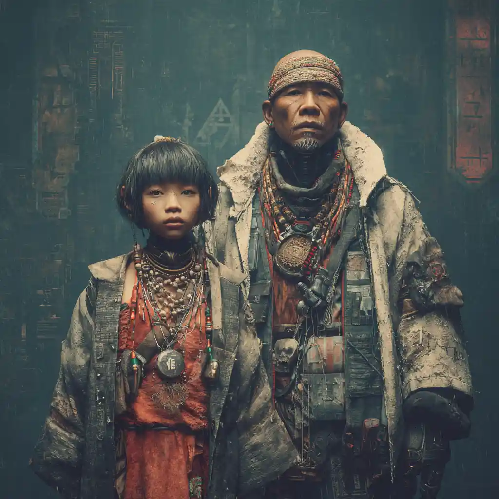 Asiatisches Mädchen und ihr Großvater in futuristischer chinesischer Stadt