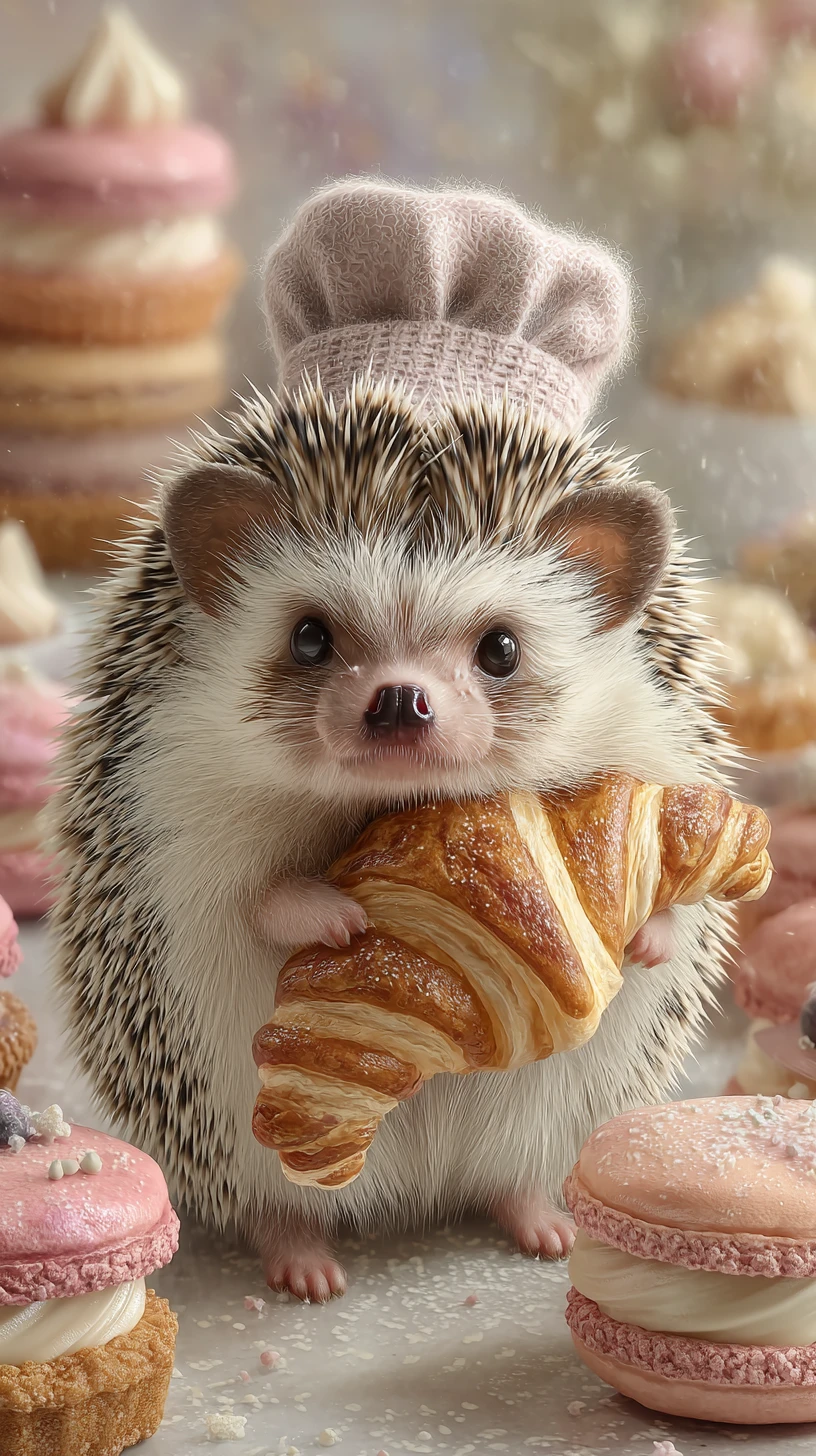 Adorable erizo chef sosteniendo un croissant gigante en una panadería