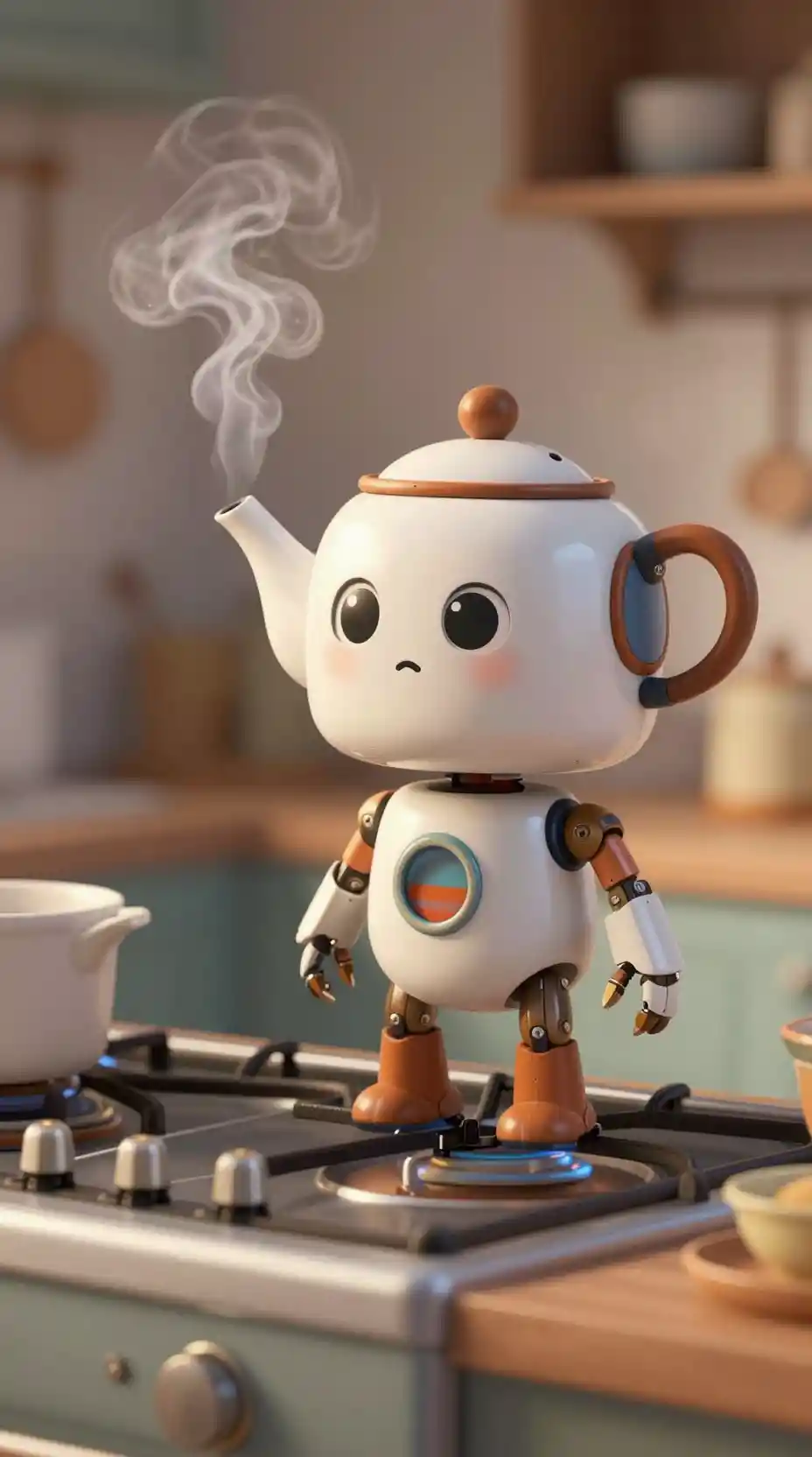 Playful robot with teapot head standing on a kitchen stove