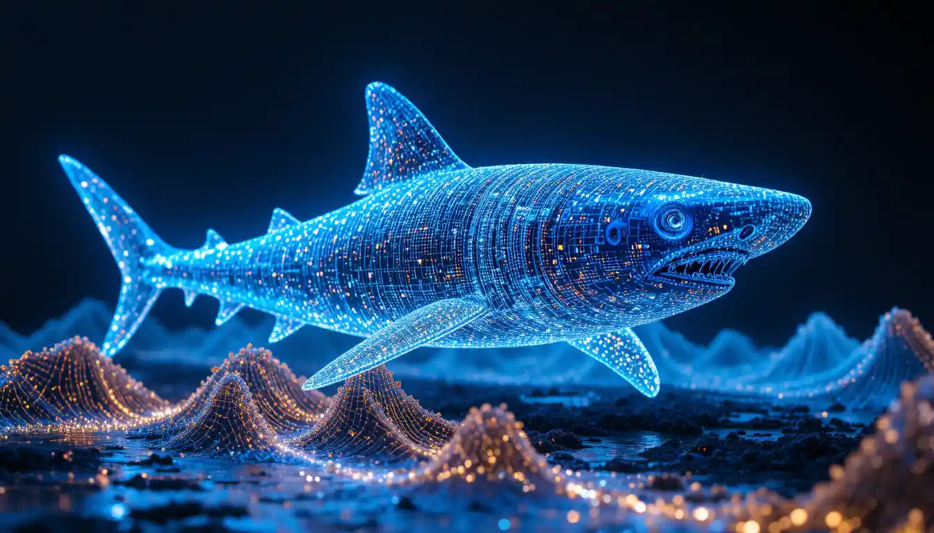 Spectral white shark shaped by luminous sound waves