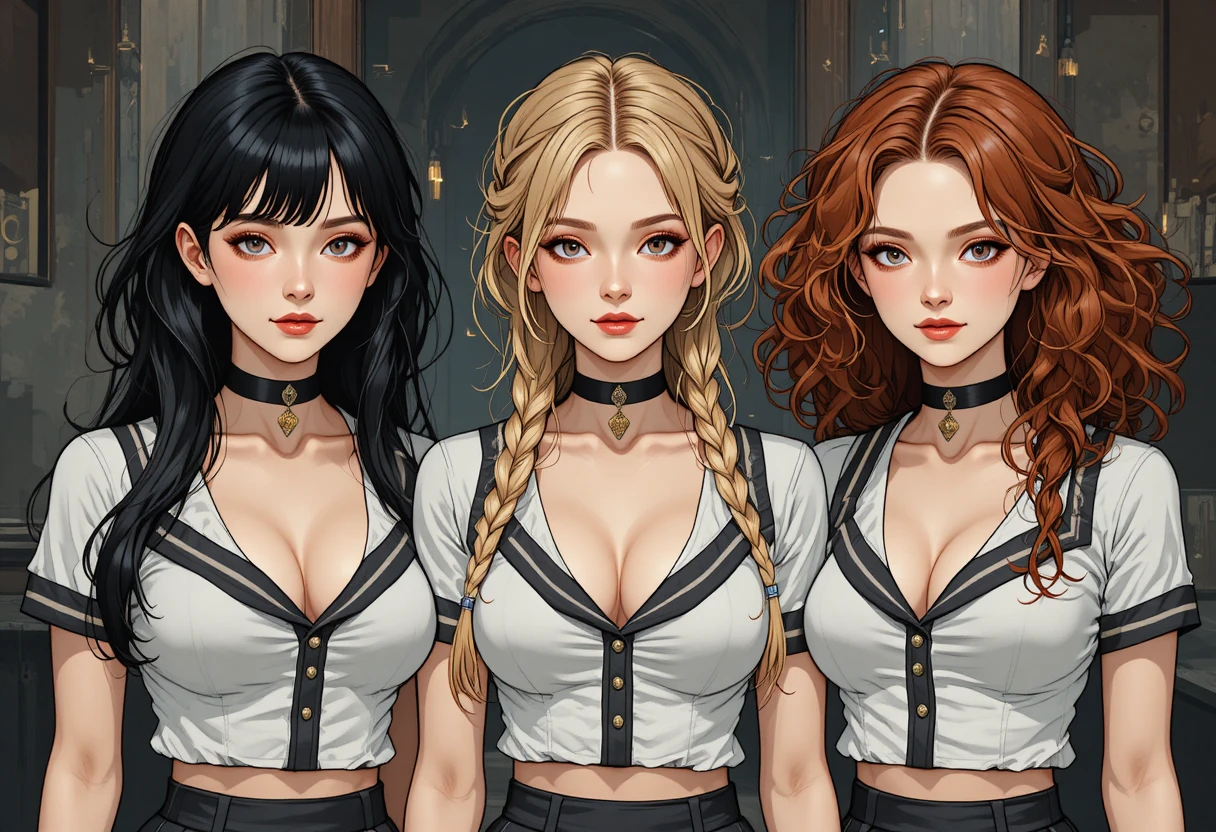 Three schoolgirls in abstract cubist dark fantasy illustration